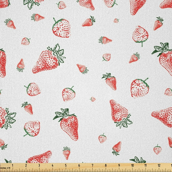 Ambesonne Strawberry Fabric by the Yard Microfiber, Grunge Fruit Pattern, 2 Yards, Vermilion White and Green