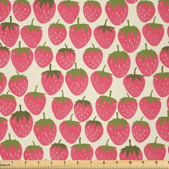 Ambesonne Strawberry Fabric by the Yard Microfiber, Organic Fruit Doodles, 1 Yard, Dark Coral Olive Green