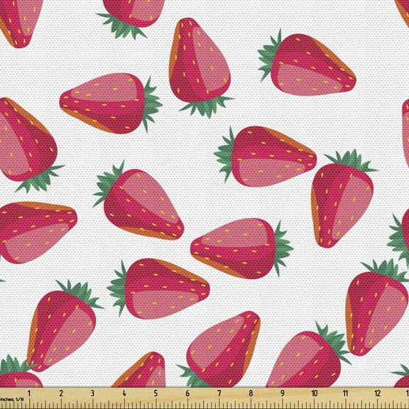 Ambesonne Strawberry Fabric by the Yard Upholstery, Cartoonish Ripe Fruits, 3 Yards, Pink Pale Pink