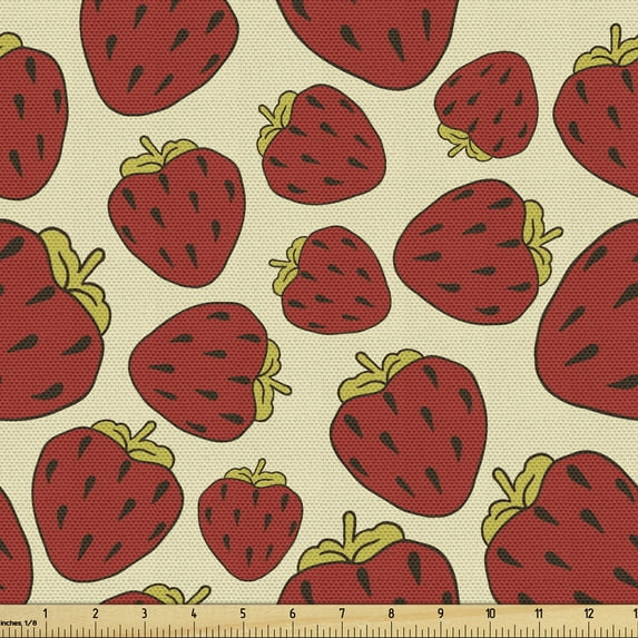 Ambesonne Strawberry Fabric by the Yard Upholstery, Delicious Summer Fruits, 1 Yard, Grey Yellow and Vermilion