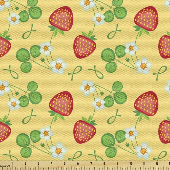 Ambesonne Strawberry Fabric by the Yard Upholstery, Flowering Summer Fruits, 10 Yards, Mustard Dark Pink and Green