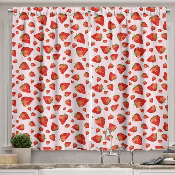 Ambesonne Strawberry Kitchen Curtains, Juicy Ripe Berries, 55"x39", Lime Green Vermilion