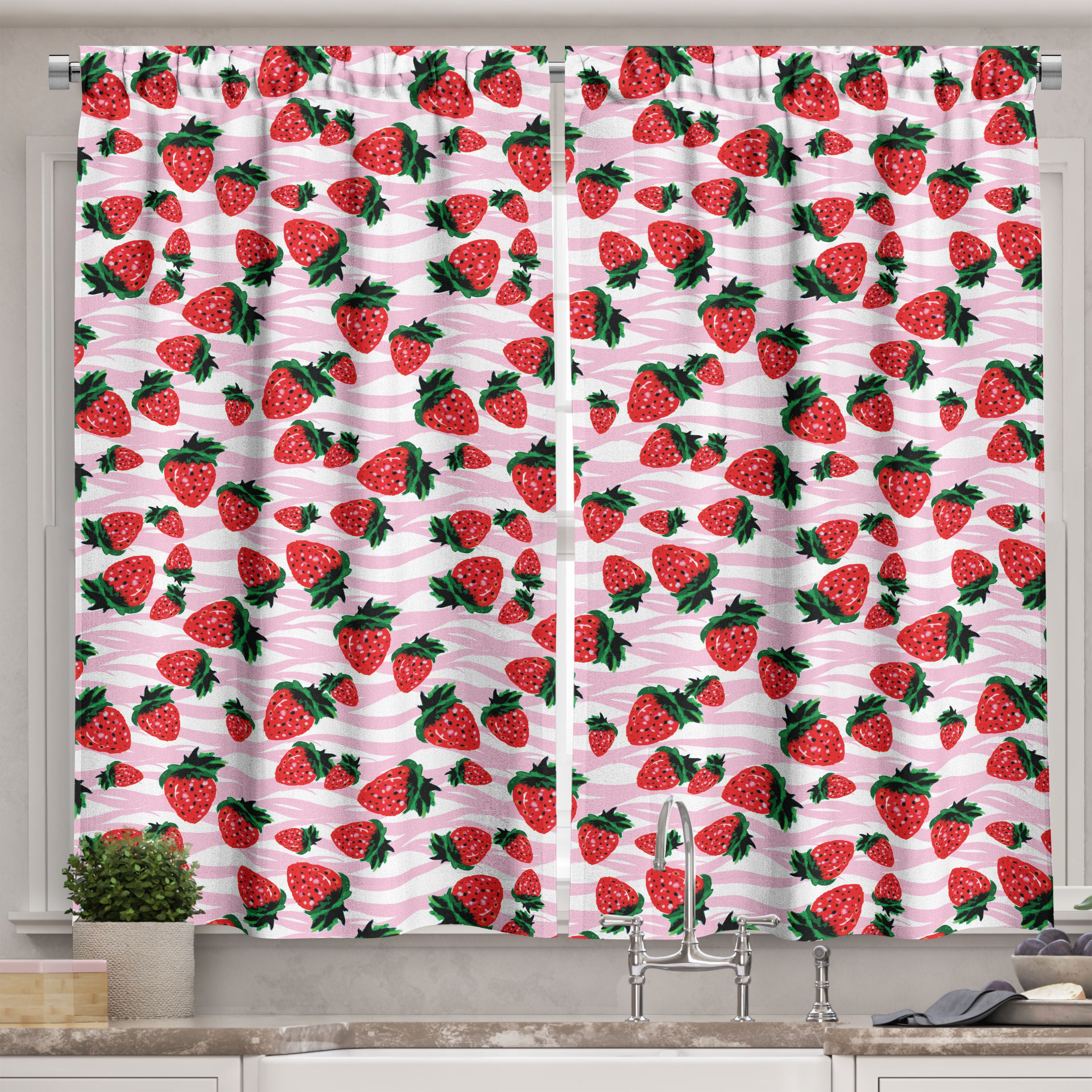 Ambesonne Strawberry Kitchen Curtains, Watercolor Effect, 55"x39", Dark