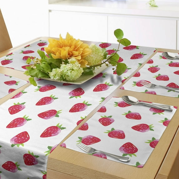 Ambesonne Strawberry Table Runner & Placemats, Watercolor Art Fruits, Placemat 4 pcs + Runner 16"x90", Dark Coral and White