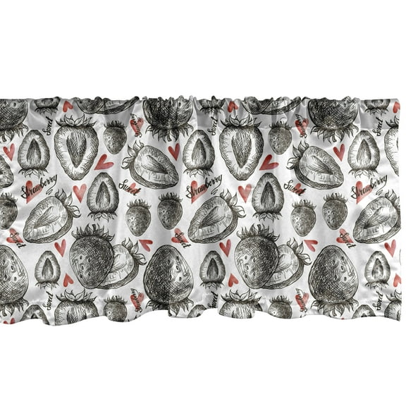 Ambesonne Strawberry Valance Pack of 2, Sketchy Hand Drawn Fruit, 54"X12", Grey Vermilion and White
