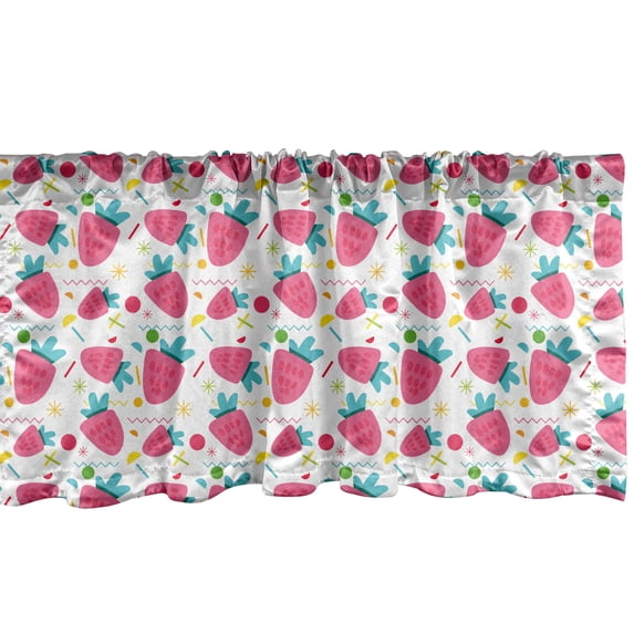 Ambesonne Strawberry Window Valance, Doodle Fruits Zigzags, 54" X 12", Pink Seafoam White