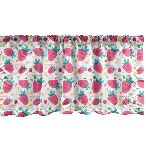 Ambesonne Strawberry Window Valance, Doodle Fruits Zigzags, 54" X 18", Pink Seafoam White