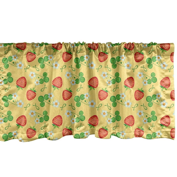 Ambesonne Strawberry Window Valance, Flowering Summer Fruits, 54" X 12", Mustard Dark Pink and Green