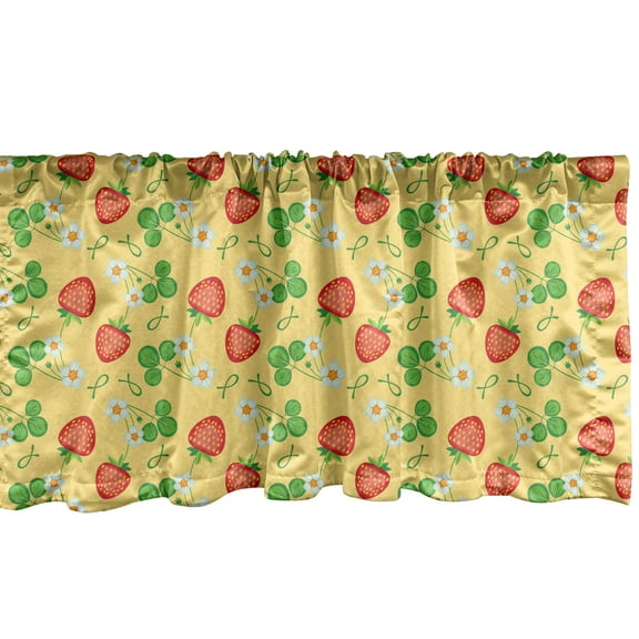 Ambesonne Strawberry Window Valance, Flowering Summer Fruits, 54" X 18", Mustard Dark Pink and Green
