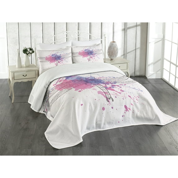 Ambesonne Street Quilted Bedspread Set 3 Pcs, Grunge Moth Dragonfly, King Size, Black White and Purple