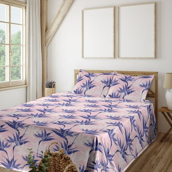Ambesonne Strelitzia Fitted & Flat Sheet with Shams 4 Pcs Set, Aquarelle Flowers Retro, King, Dark Lavender Pale Pink