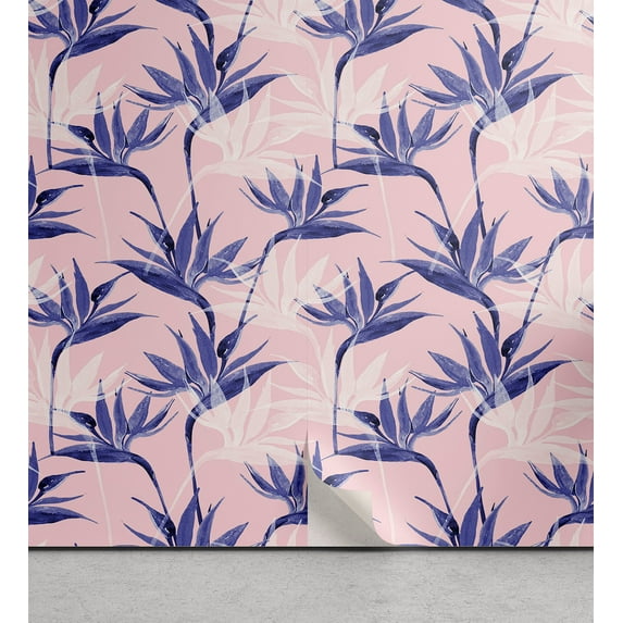 Ambesonne Strelitzia Peel & Stick Wallpaper for Home, Aquarelle Flowers Retro, 13"x72", Dark Lavender Pale Pink