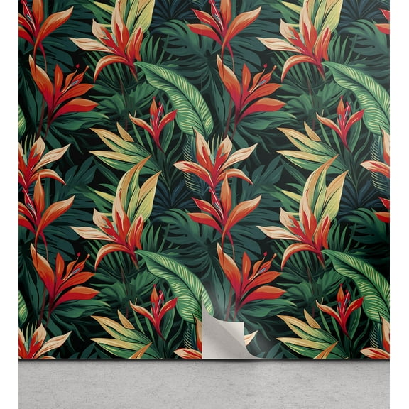 Ambesonne Strelitzia Peel & Stick Wallpaper for Home, Urban Jungle Leaves Art, 13"x72", Green Teal Pale Vermilion