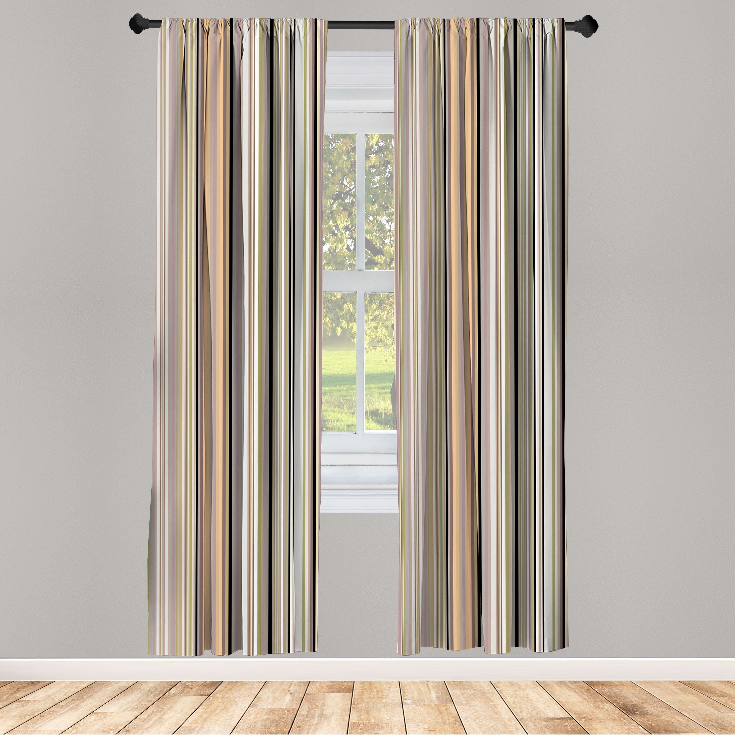 Brown and Gray Striped Microfiber Semi-Sheer Curtain Panels, 28" x 63" Set of 2