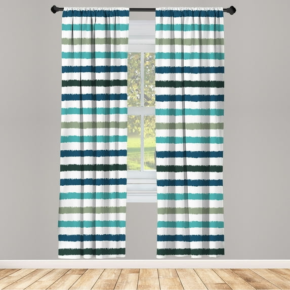 Ambesonne Striped Curtains, Geometric Brush Style Print, Pair of 28"x84", Sea Blue