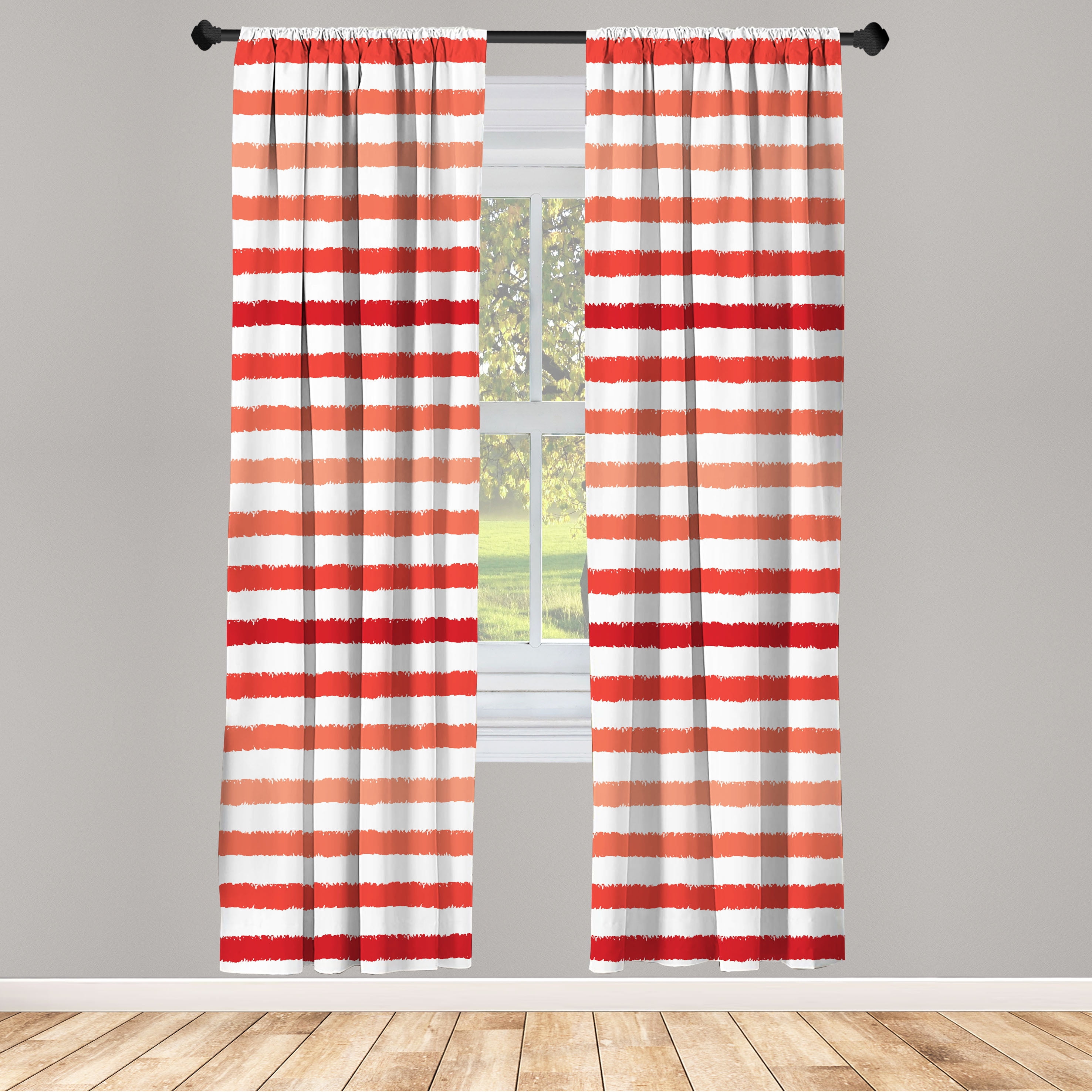 Vermilion Red and Orange Striped Microfiber Rod Pocket Curtains, 28" x 84"