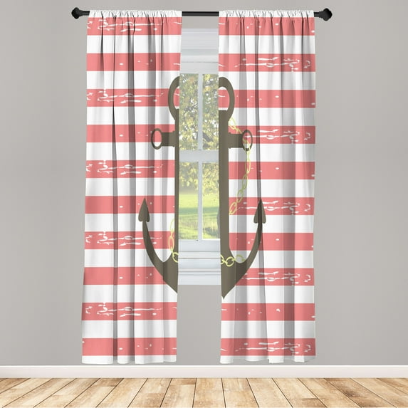 Ambesonne Striped Curtains, Ship Anchor Chain Marine, Pair of 28"x63", Pale Pink