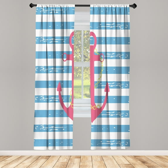 Ambesonne Striped Curtains, Ship Anchor Chain Marine, Pair of 28"x63", Sky Blue
