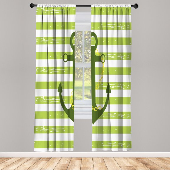 Ambesonne Striped Curtains, Ship Anchor Chain Marine, Pair of 28"x84", Apple Green
