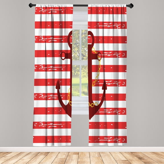 Ambesonne Striped Curtains, Ship Anchor Chain Marine, Pair of 28"x84", Burgundy Mustard