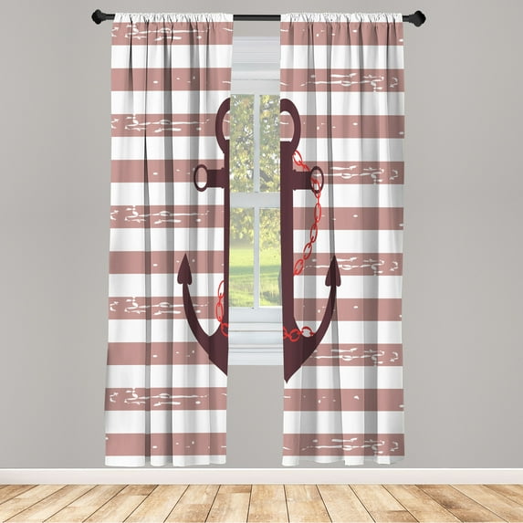 Ambesonne Striped Curtains, Ship Anchor Chain Marine, Pair of 28"x84", Dried Rose