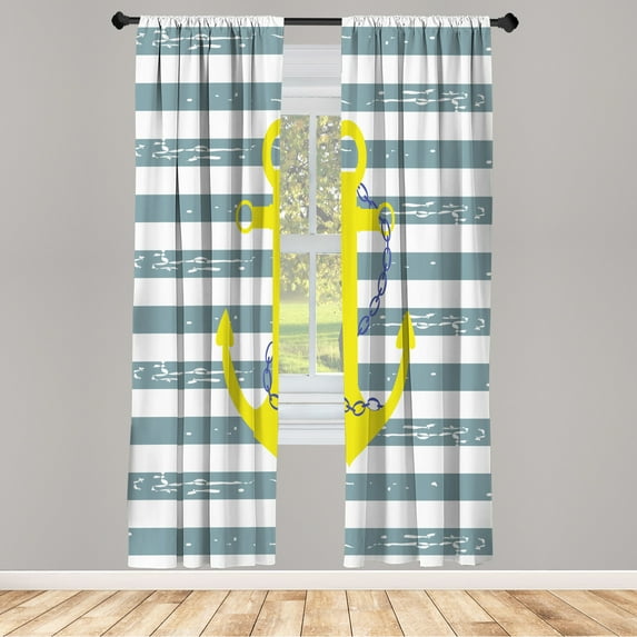 Ambesonne Striped Curtains, Ship Anchor Chain Marine, Pair of 28"x95", Blue Grey