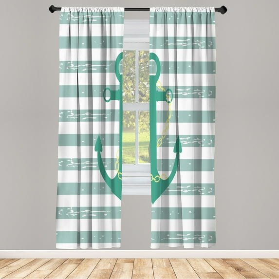 Ambesonne Striped Curtains, Ship Life Anchor Chain Art, Pair of 28"x63", Almond Green