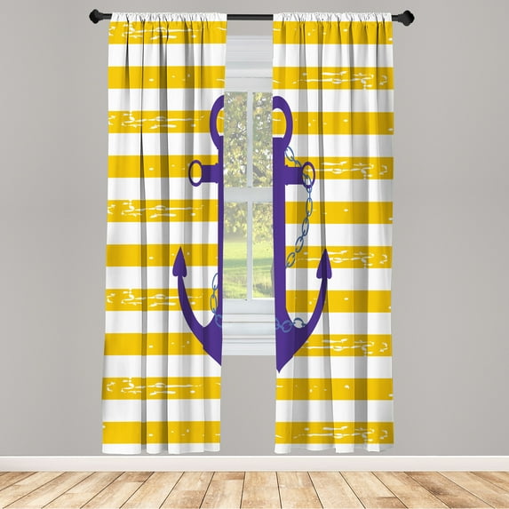 Ambesonne Striped Curtains, Ship Life Anchor Chain Art, Pair of 28"x84", Quartz Yellow