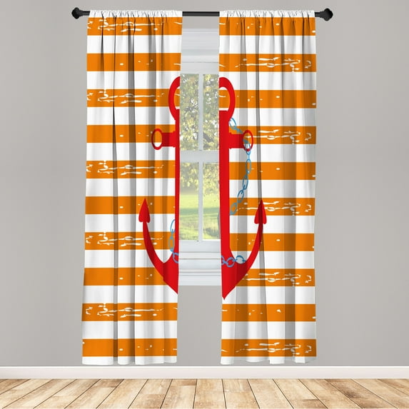 Ambesonne Striped Curtains, Ship Life Anchor Chain Art, Pair of 28"x95", Dark Orange