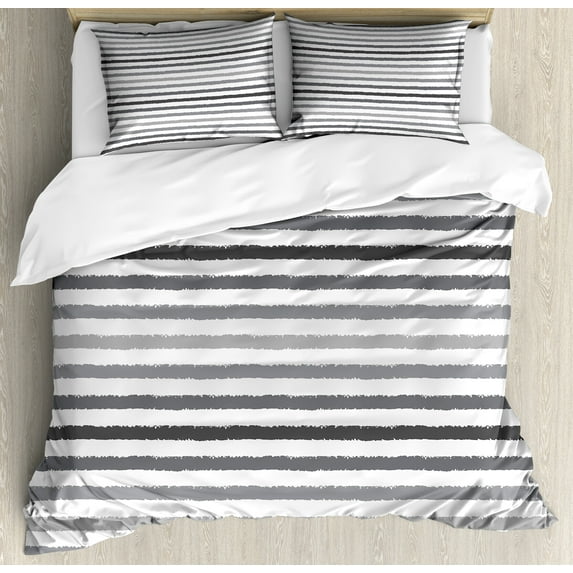 Ambesonne Striped Duvet Cover Sets, Grey and White Grunge, 2-King, White Grey