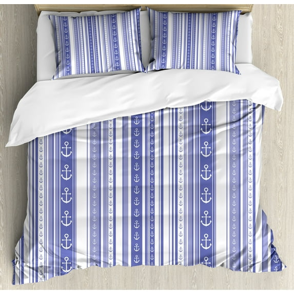 Ambesonne Striped Duvet Cover Sets, Nautical Anchor, 2-Queen, Lilac Purple
