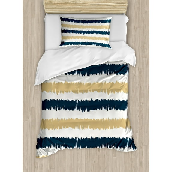 Ambesonne Striped Duvet Cover Sets, Navy Blue Beige Brush, 2-Twin, Petrol Blue White Beige