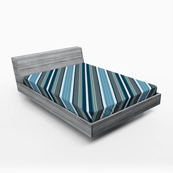Ambesonne Striped Fitted Sheet, Grey and Blue Diagonal, Full Size, White Grey Navy