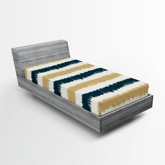 Ambesonne Striped Fitted Sheet, Navy Blue Beige Brush, Twin XL Size, Petrol Blue White Beige