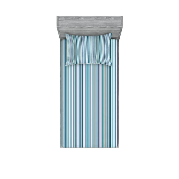 Ambesonne Striped Fitted Sheet & Pillow Sham Set, Blue Purple Geometric, Twinxl, Multicolor