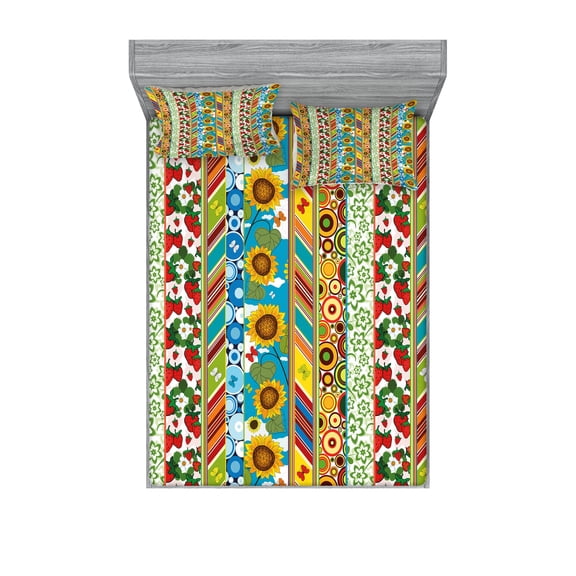 Ambesonne Striped Fitted Sheet & Pillow Sham Set, Patchwork Style Spring, Full, Multicolor