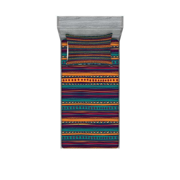 Ambesonne Striped Fitted Sheet & Pillow Sham Set, Retro Aztec Art, Twin, Teal Plum and Orange
