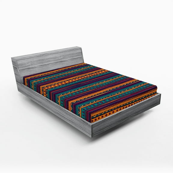 Ambesonne Striped Fitted Sheet, Retro Aztec Art, Queen Size, Teal Plum and Orange