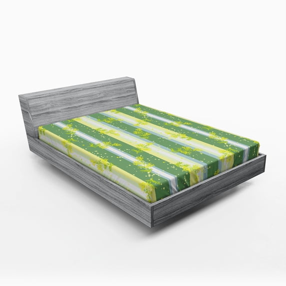 Ambesonne Striped Fitted Sheet, Spring Striped Flowers, Full Size, Yellow Green
