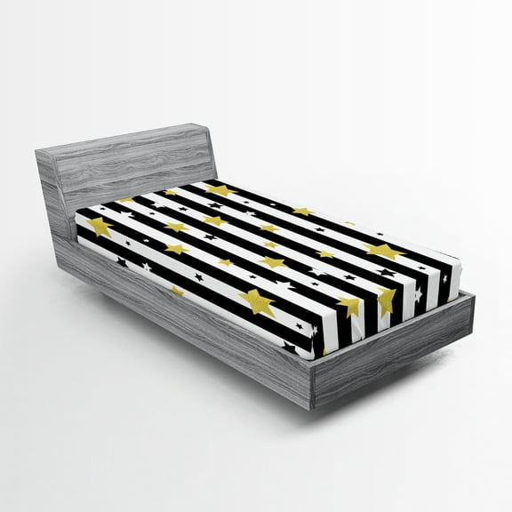Ambesonne Striped Fitted Sheet, Vertical Lines Stars, Twin XL Size, Black White and Yellow