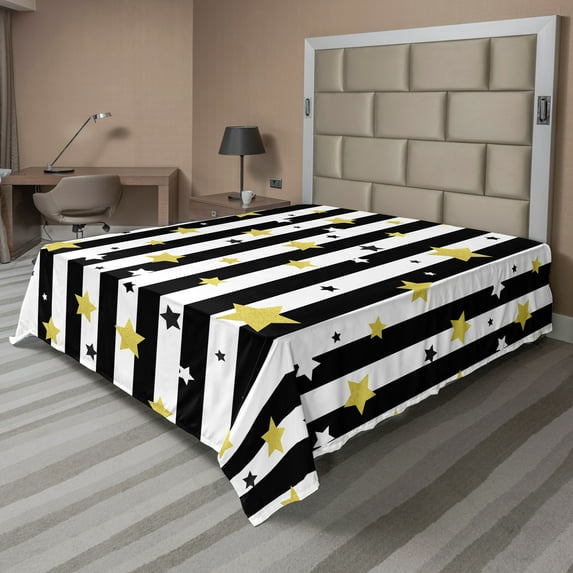 Ambesonne Striped Flat Sheet, Vertical Lines Stars, Queen Size, Black White and Yellow