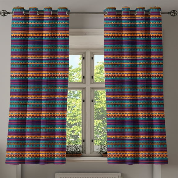 Ambesonne Striped Grommet Curtain, Retro Aztec Art, 50" x 54", Teal Plum and Orange