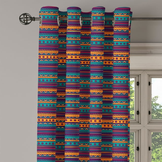 Ambesonne Striped Grommet Curtain Single Panel, Retro Aztec Art, 50"x60", Teal Plum and Orange