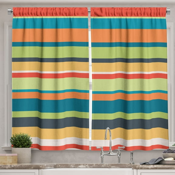 Ambesonne Striped Kitchen Curtains, Retro Groovy Colorful Lines, 55"x39", Multicolor