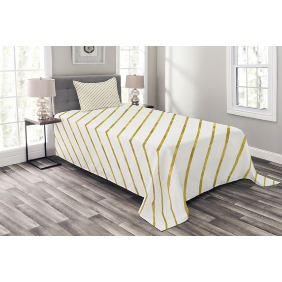 Ambesonne Striped Quilted Bedspread Set 2 Pcs, Geometric and Modern, Twin Size, White and Yellow