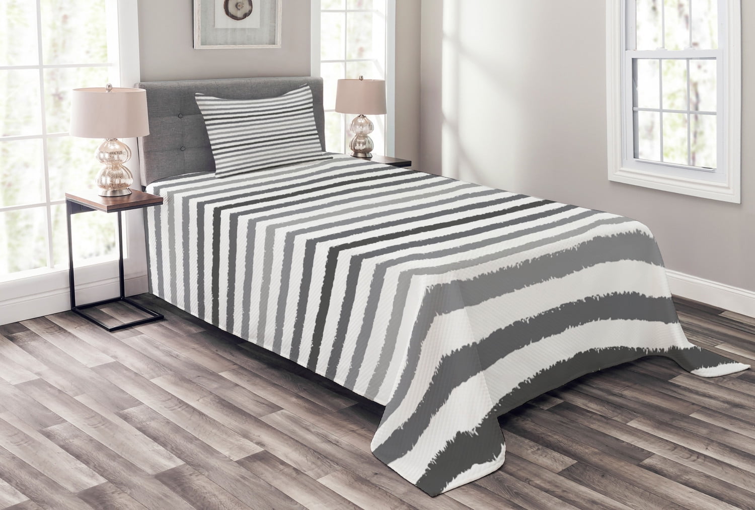 Gray and White Striped Twin Quilted Bedspread Set