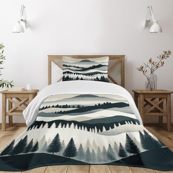 Ambesonne Striped Quilted Bedspread Set 2 Pcs, Mid Century Modern Mountain, Twin Size, Dark Petrol Blue Eggshell