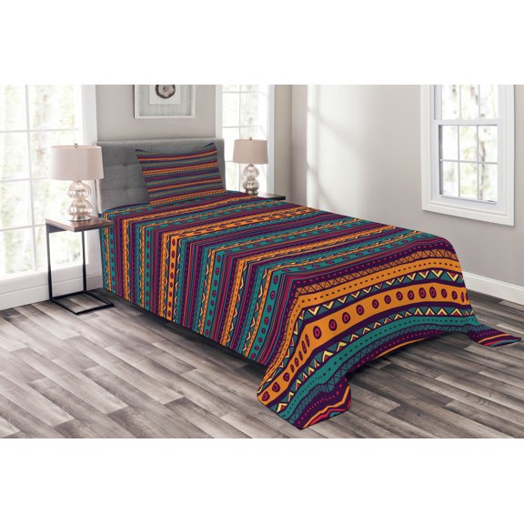 Ambesonne Striped Quilted Bedspread Set 2 Pcs, Retro Aztec Art, Twin Size, Teal Plum and Orange