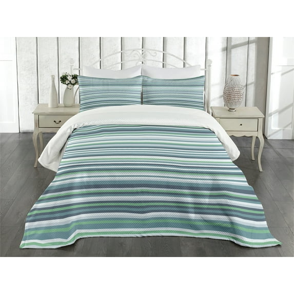Ambesonne Striped Quilted Bedspread Set 3 Pcs, Abstract Narrow Band, Queen Size, Teal Blue
