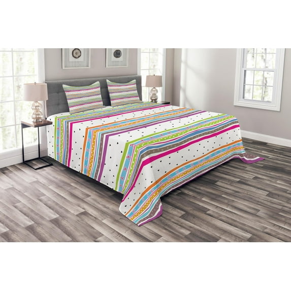 Ambesonne Striped Quilted Bedspread Set 3 Pcs, Bows Hearts Dots Girly, King Size, Multicolor